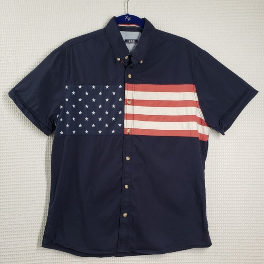 Izod American Flag Button Down Shirt Mens Medium Blue Short Sleeve Americana VTG